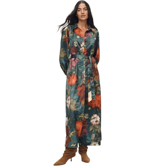 NWT Maeve Mona Silky Maxi Shirt Dress | L Petite | Teal Floral Multicolor Spring - Picture 5 of 15